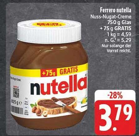 Ferrero Nutella Nuss-Nugat-Creme 750 g Glas + 75 g GRATIS