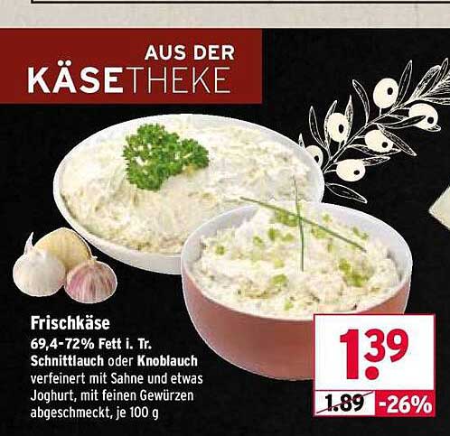 Frischkäse mit Schnittlauch oder Knoblauch, 100 g