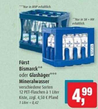 Fürst Bismarck oder Glashäger Mineralwasser 12 PET-Flaschen à 1 Liter