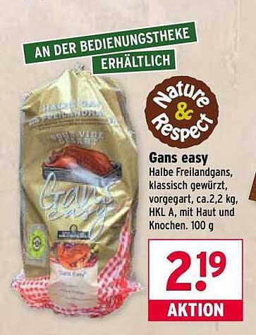 Gans easy - Halbe Freilandgans, klassisch gewürzt, vorgegart, ca. 2,2 kg, HKL A, mit Haut und Knochen. 100 g
