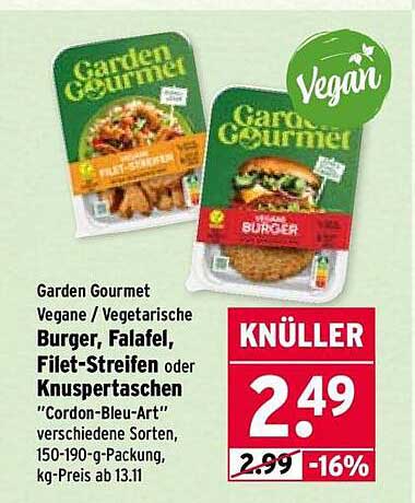 Garden Gourmet Vegane/Vegetarische Burger, Falafel, Filet-Streifen oder Knuspertaschen