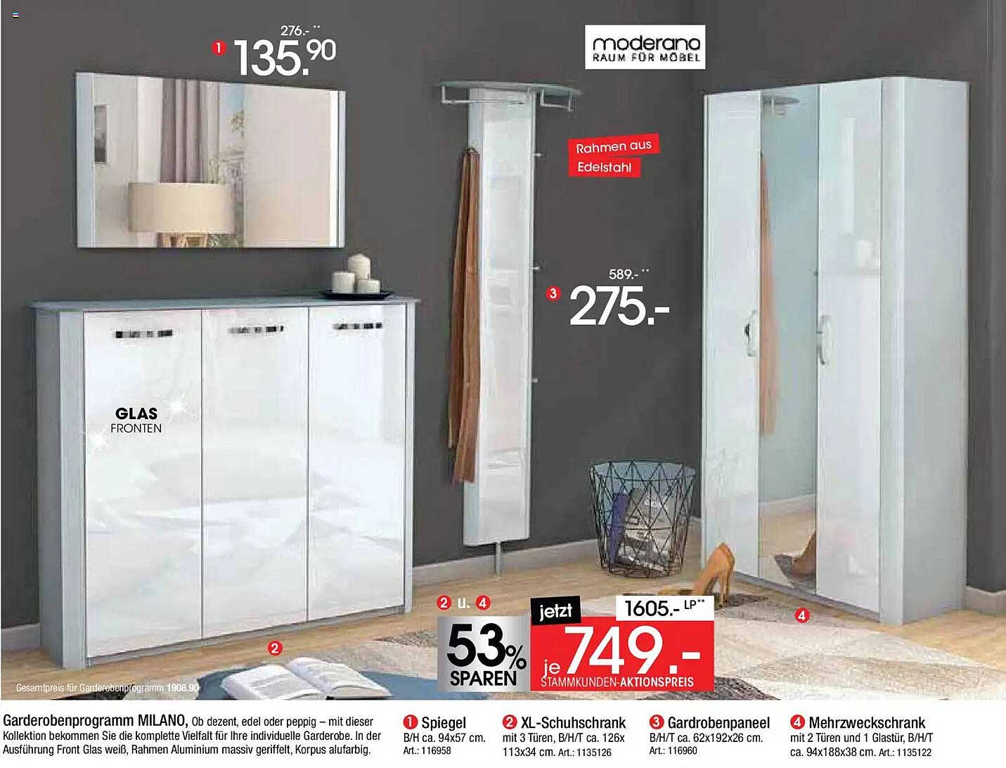 Garderobenprogramm MILANO – Schuhschrank, Garderobenpaneel und Spiegel im Set