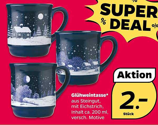 Glühweintasse* aus Steingut, mit Eichstrich, Inhalt ca. 200 ml, versch. Motive