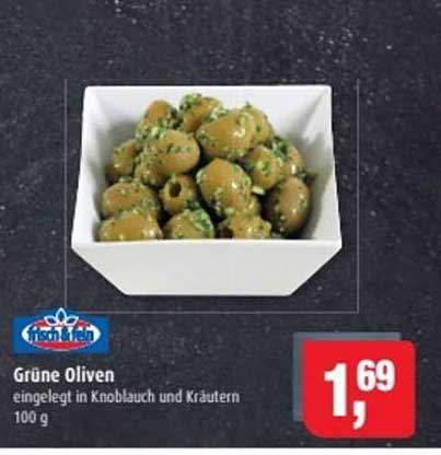 Grüne Oliven eingelegt in Knoblauch und Kräutern 100 g