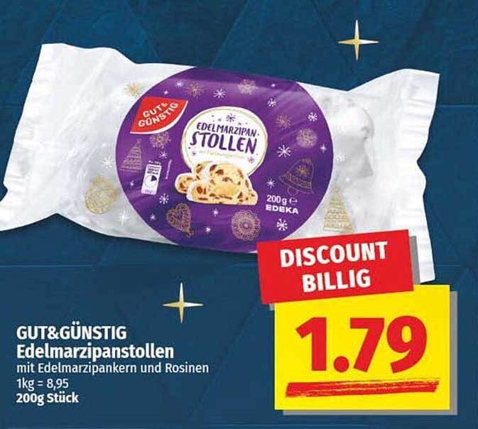 GUT&GÜNSTIG Edelmarzipanstollen mit Edelmarzipankernen und Rosinen 200g