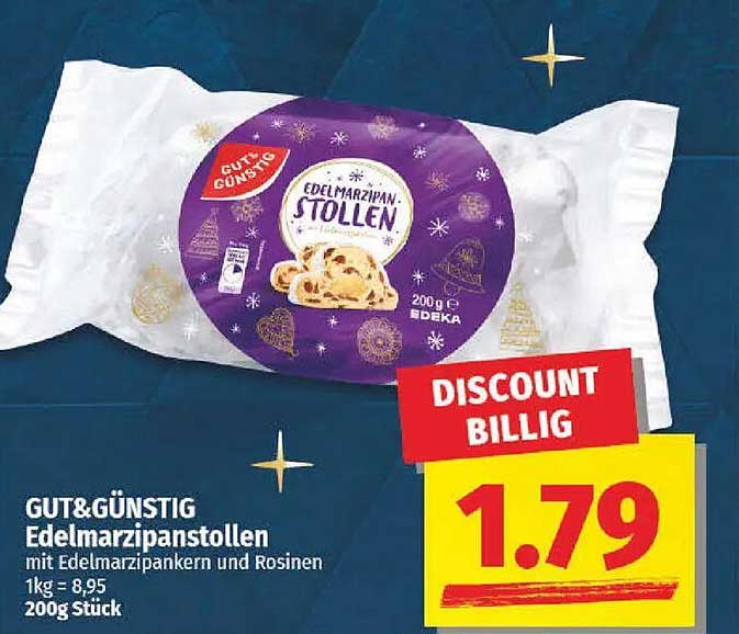 GUT&GÜNSTIG Edelmarzipanstollen mit Edelmarzipankernen und Rosinen 200g