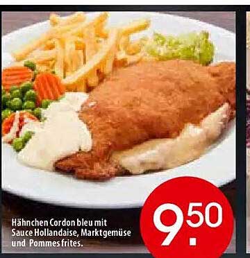 Hähnchen Cordon bleu mit Sauce Hollandaise, Marktgemüse und Pommes frites