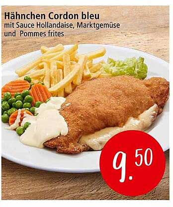 Hähnchen Cordon bleu mit Sauce Hollandaise, Marktgemüse und Pommes frites