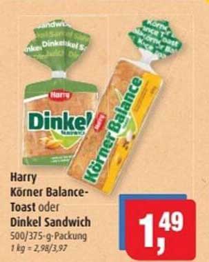 Harry Körner Balance-Toast oder Dinkel Sandwich 500/375-g-Packung