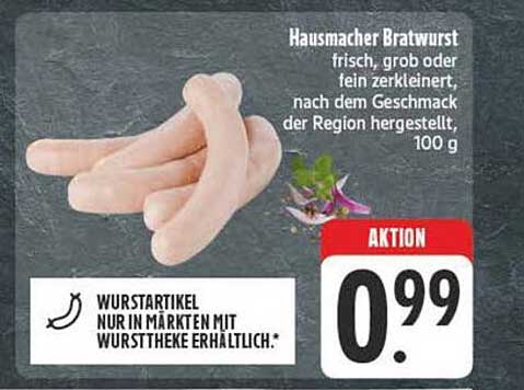 Hausmacher Bratwurst frisch, grob oder fein zerkleinert, nach dem Geschmack der Region hergestellt, 100 g