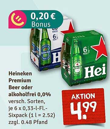 Heineken Premium Bier oder alkoholfrei 0,0%, 6 x 0,33 l