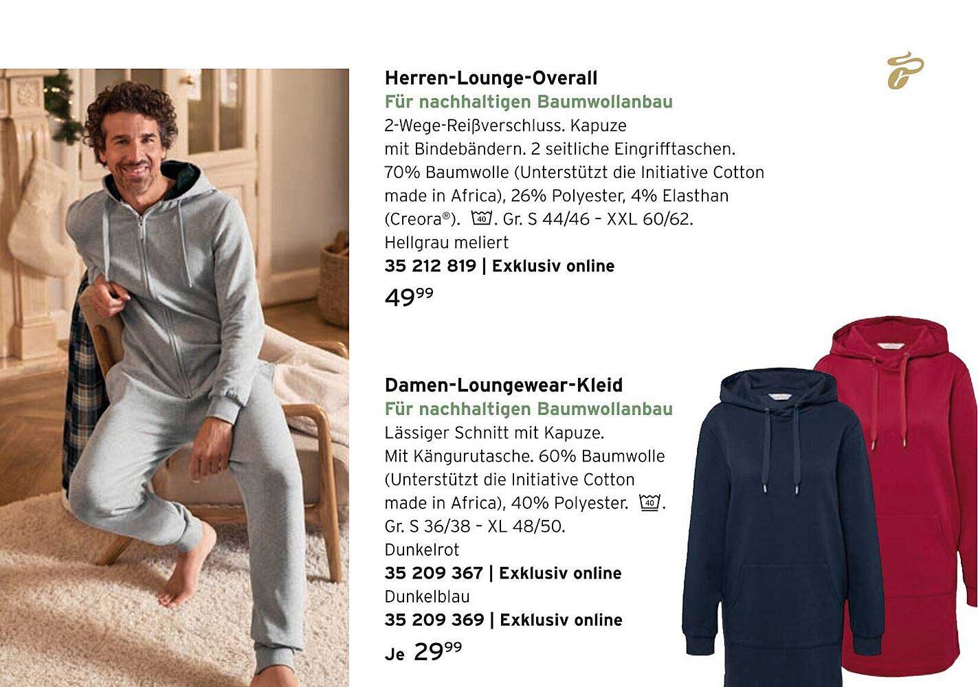 Herren-Lounge-Overall und Damen-Loungewear-Kleid für nachhaltigen Baumwollbau