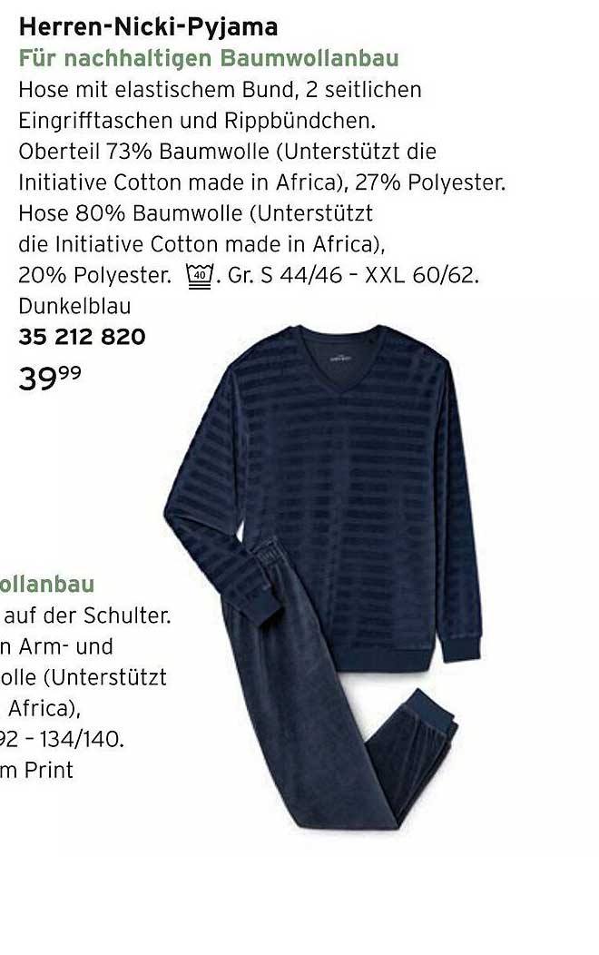 Herren-Nicki-Pyjama für nachhaltigen Baumwollbau