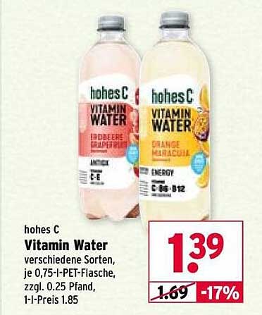 hohes C Vitamin Water verschiedene Sorten, je 0,75-l-PET-Flasche