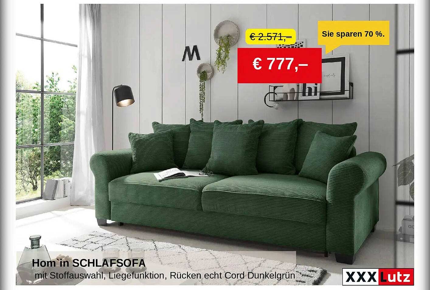 Hom in SCHLAFSOFA mit Stoffauswahl, Liegefunktion, Rücken echt Cord Dunkelgrün