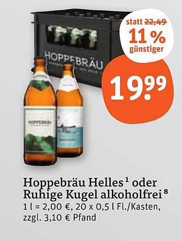 Hoppebräu Helles oder Ruhige Kugel alkoholfrei 20 x 0,5 l Kasten