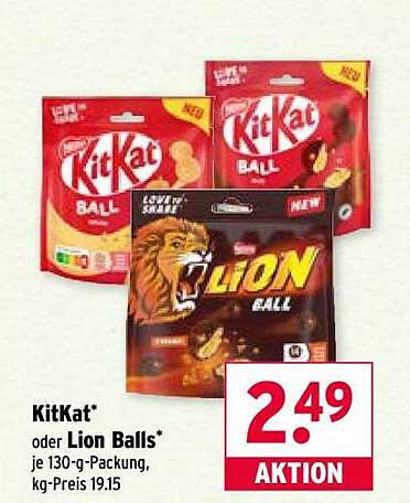 KitKat® oder Lion Balls® - je 130-g-Packung, kg-Preis 19.15