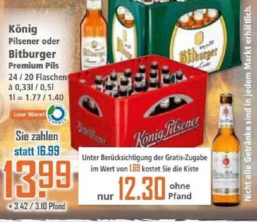 König Pilsener oder Bitburger Premium Pils - 24 Flaschen für nur 13,99 €