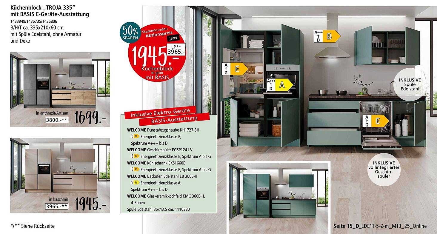 Küchenblock „TROJA 335“ mit BASIS E-Geräte-Ausstattung