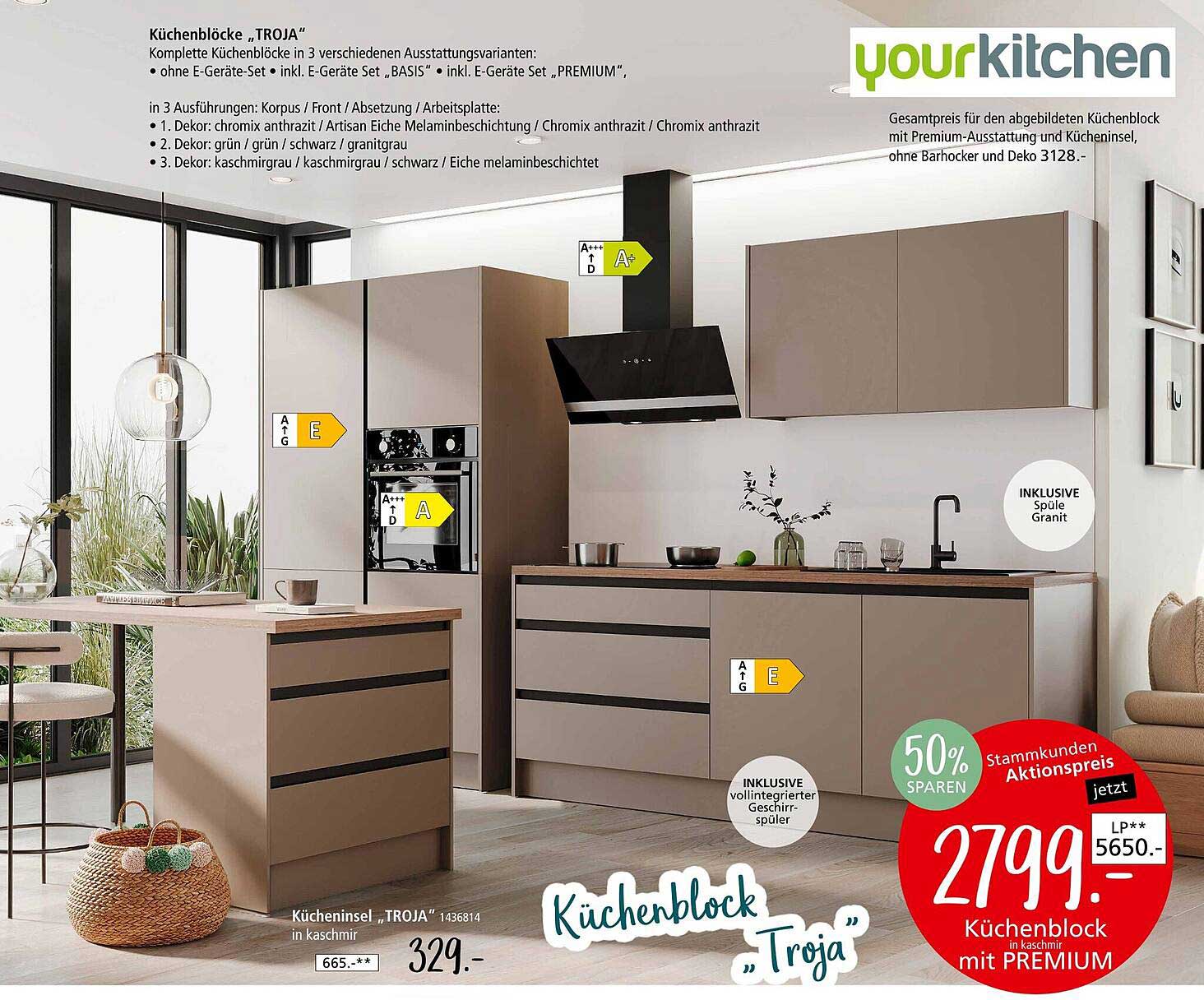 Küchenblock "Troja" in kaschmir mit PREMIUM