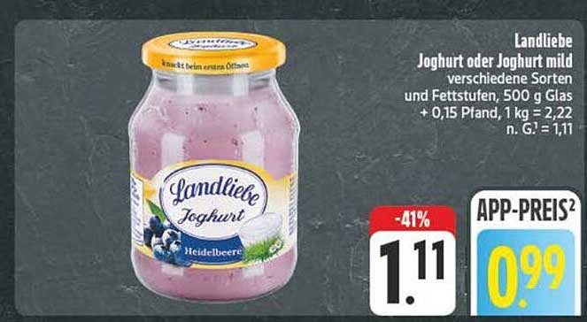 Landliebe Joghurt oder Joghurt mild verschiedene Sorten und Fettstufen, 500 g Glas