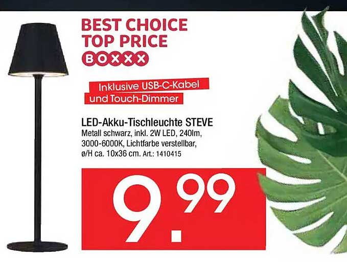 LED-Akkuleuchte STEVE mit USB-C-Kabel und Touch-Dimmer