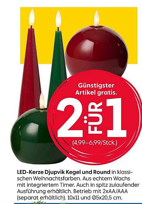 LED-Kerze Djupvik Kegel und Round in klassischen Weihnachtsfarben