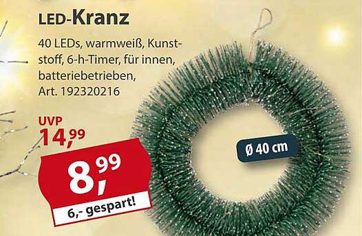 LED-Kranz mit 40 LEDs, warmweiß, Kunstoff, 6-h-Timer, für innen