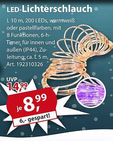 LED-Lichterschlauch, 10 m, 200 LEDs, warmweiß oder pastellfarben