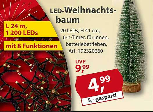LED-Weihnachtsbaum - 20 LEDs, H 41 cm, batteriebetrieben, mit 8 Funktionen