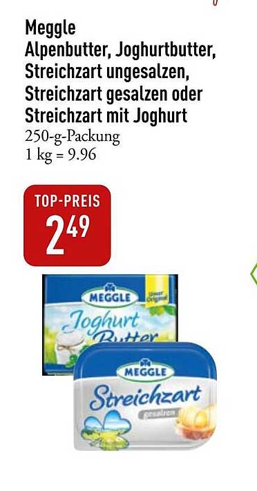 Meggle Alpenbutter, Joghurtbutter, Streichart ungesalzen, Streichart gesalzen oder Streichart mit Joghurt 250-g-Packung