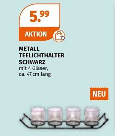 METALL TEELICHTHALTER SCHWARZ mit 4 Gläsern, ca. 47 cm lang