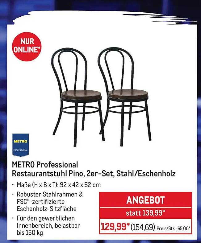 METRO Professional Restaurantstuhl Pino, 2er-Set, Stahl/Eschenholz
