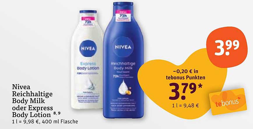 Nivea Reichhaltige Body Milk oder Express Body Lotion 400 ml