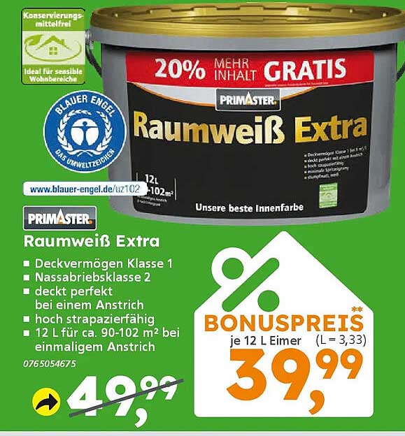 Primaster Raumweiß Extra 12L - 20% mehr Inhalt GRATIS!