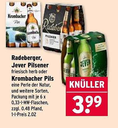 Radeberger, Jever Pilsener frisches herb oder Krombach Pils 6 x 0,33 l-MW-Flaschen
