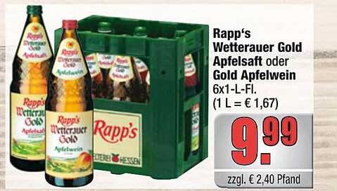 Rapp‘s Wetterauer Gold Apfelsaft oder Gold Apfelwein 6x1-L-Fl.
