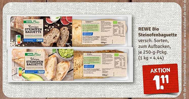 REWE Bio Steinofenbaguette, verschiedene Sorten zum Aufbacken, je 250-g-Packung