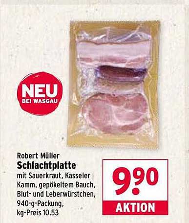 Robert Müller Schlachtplatte mit Sauerkraut, Kasseler Kamm, gepökeltem Bauch, Blut- und Leberwürstchen, 940-g-Packung