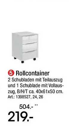 Rollcontainer mit 2 Schubladen und 1 Schublade mit Vollauszug