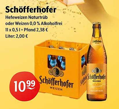 Schöffferhofer Hefeweizen Naturtrüb oder Weizen 0,0% Alkoholfrei 11 x 0,5 l + Pfand 2,38 €