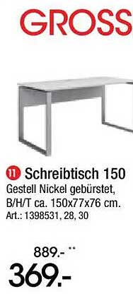 Schreibtisch 150 - Gestell Nickel gebürstet, B/H/T ca. 150x77x76 cm