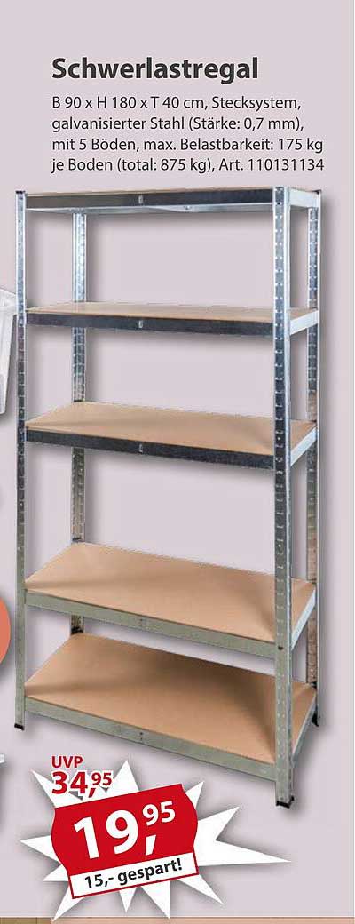 Schwerlastregal B 90 x H 180 x T 40 cm, galvanisierter Stahl