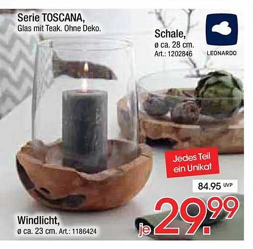 Serie TOSCANA, Windlicht und Schale aus Glas mit Teak