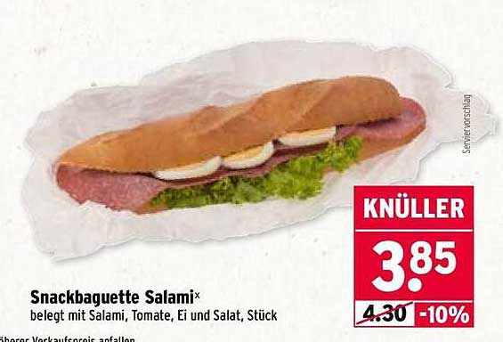 Snackbaguette Salami - belegt mit Salami, Tomate, Ei und Salat, Stück