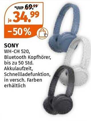 SONY WH-CH 520, Bluetooth Kopfhörer, bis zu 50 Std. Akkulaufzeit, Schnellladefunktion