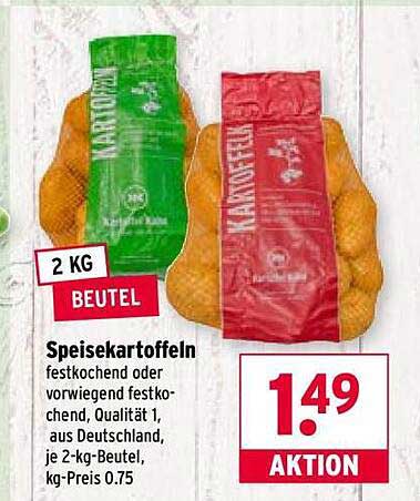 Speisekartoffeln, festkochend oder vorwiegend festkochend, 2 kg-Beutel