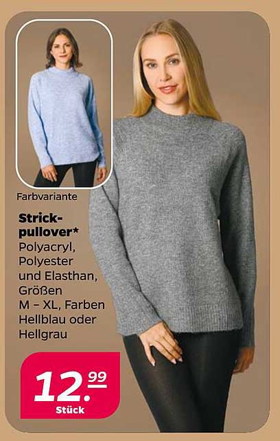 Strickpullover - Polyacryl, Polyester und Elasthan, Größen M - XL, Farben Hellblau oder Hellgrau
