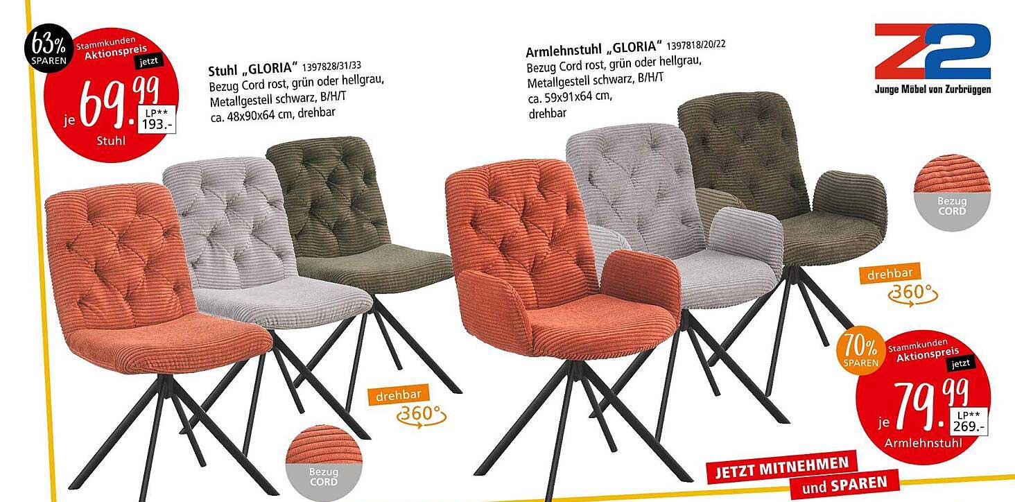 Stuhl „GLORIA“ und Armlehnstuhl „GLORIA“