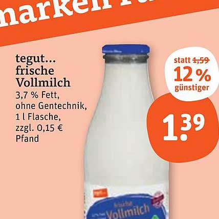 tegut... frische Vollmilch 3,7 % Fett, 1 l Flasche